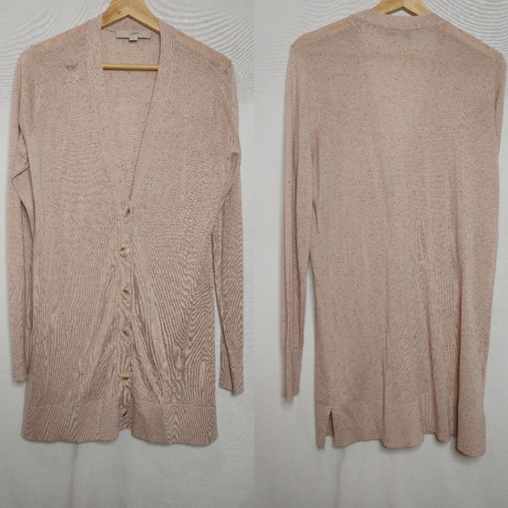 Loft‎ Longline Cardigan V-neck Button Front Cotton Blend Oatmeal Speckled Medium